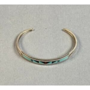 Zuni Silver Turquoise & Onyx Cuff Bracelet Signed RT 9.3g
